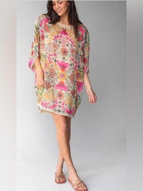 NATURAL LIFE Cream Boho Tunic Dress with Pink, Yellow & Green Floral Print🌸💚💞⭐️